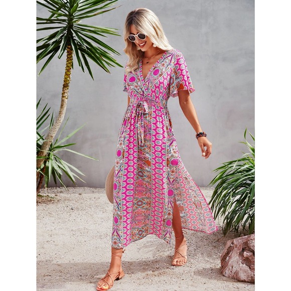 BohoGypsyDreamer.com Dresses & Skirts - VCAY Allover Print Butterfly Sleeve Split Side Belted Dress